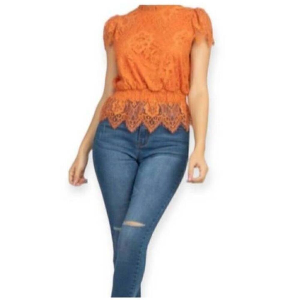 HAUTE MONDE ORANGE/PEACH LACE HIGH NECK TOP SZ.S EUC.